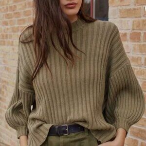 Urban Outfitters Olive Green Mock Neck Crop Sweater Balloon Sleeve Ribbed